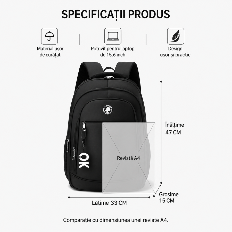 Rucsac Travel Business KANGIQLINIQ, 47x33x15 cm, Oxford, Negru si Alb