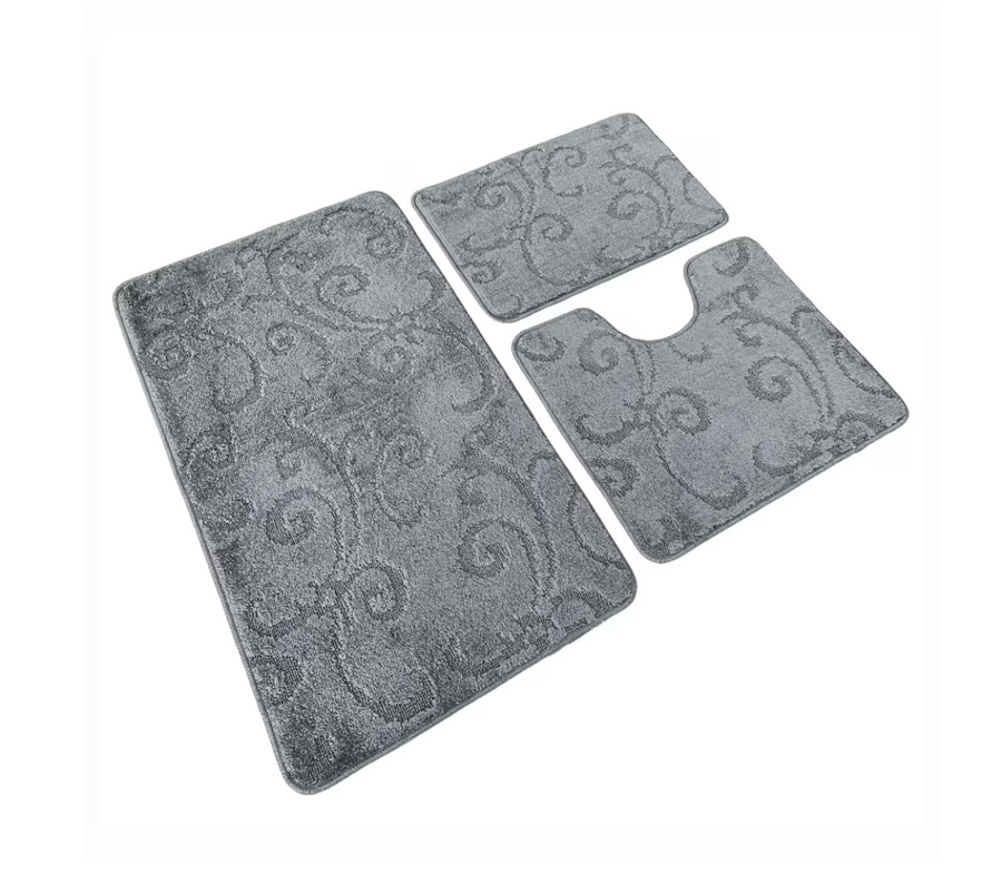 Set di 3 tappetini da bagno, 50x40 cm, grigi, antiscivolo