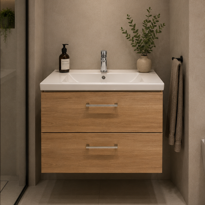 Set di mobili da bagno CELO, mobiletto per lavabo, 2 cassetti, bianco e marrone