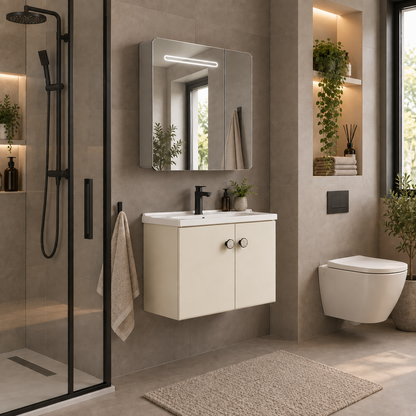 RISHTON Set Mobili da Bagno, Mobile Lavabo+Armadietto a Specchio 60 cm, 2 Pezzi, Grigio e Bianco