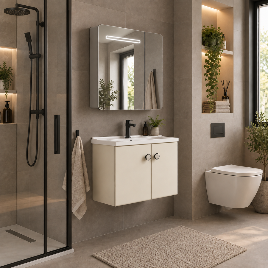 RISHTON Set Mobili da Bagno, Mobile Lavabo+Armadietto a Specchio 60 cm, 2 Pezzi, Grigio e Bianco