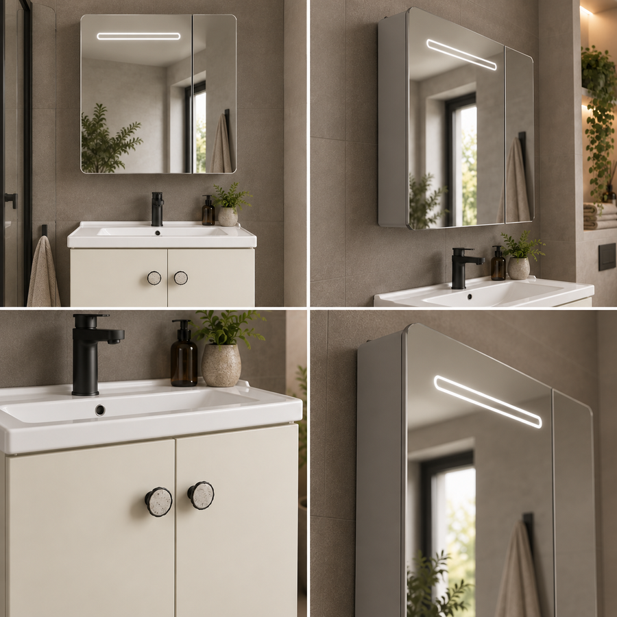 RISHTON Set Mobili da Bagno, Mobile Lavabo+Armadietto a Specchio 60 cm, 2 Pezzi, Grigio e Bianco
