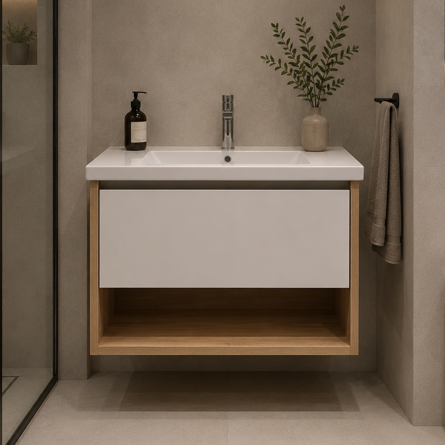 Set di mobili da bagno VALO, mobiletto per lavabo, 1 cassetto, bianco e marrone