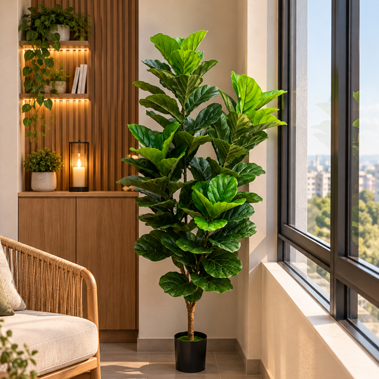 Pianta di fico artificiale, foglie con 4 rami, 180 cm, verde, con vaso