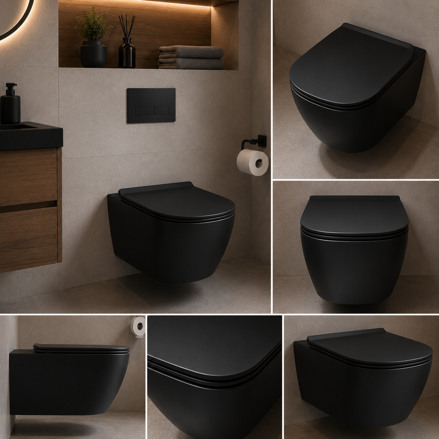 NUNAVUT WC sospeso senza telaio, scarico orizzontale (sifone a P) 18 cm, 49x36x31 cm, Nero
