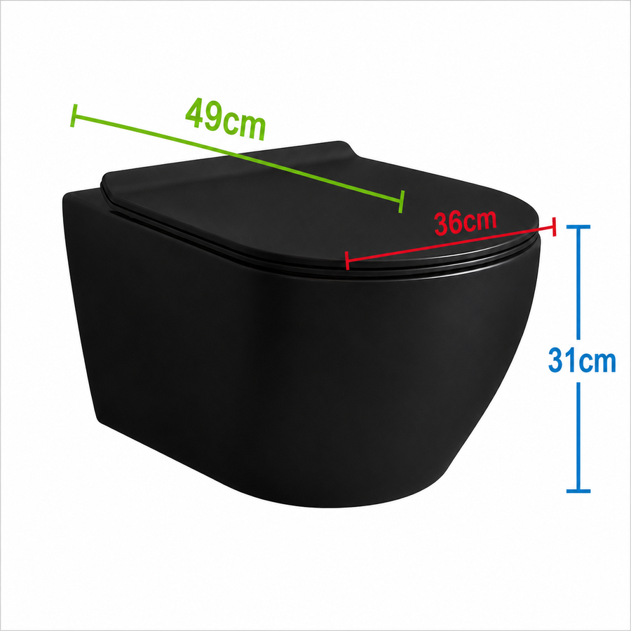 NUNAVUT WC sospeso senza telaio, scarico orizzontale (sifone a P) 18 cm, 49x36x31 cm, Nero