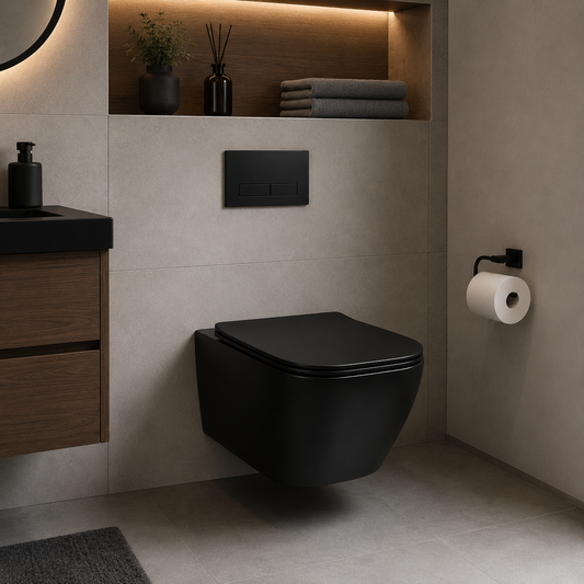 NUNAVUT WC sospeso senza telaio, scarico orizzontale (P-Trap) 18 cm, 51,5x36,5x36 cm, Nero