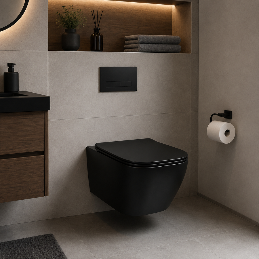 NUNAVUT WC sospeso senza telaio, scarico orizzontale (P-Trap) 18 cm, 51,5x36,5x36 cm, Nero
