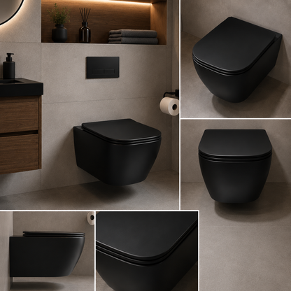 NUNAVUT WC sospeso senza telaio, scarico orizzontale (P-Trap) 18 cm, 51,5x36,5x36 cm, Nero