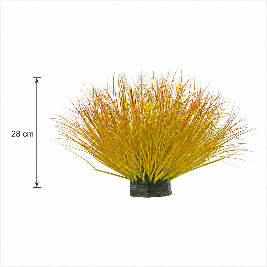 Pianta artificiale a cespuglio di erba di cipolla curva, 28 cm, bassa densità, giallo e arancione, senza vaso