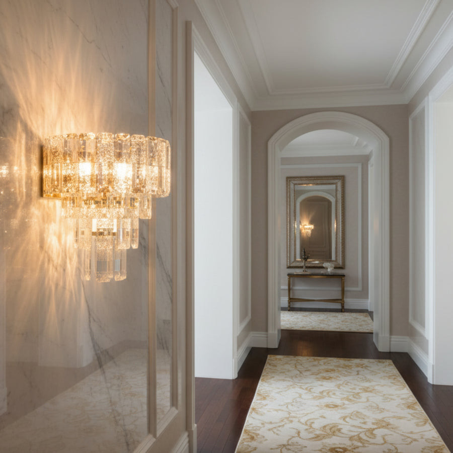 Lampadario in cristallo ELYSIAN 3xE14, D26 cm, Oro, Altezza Regolabile, Metallo e Cristallo