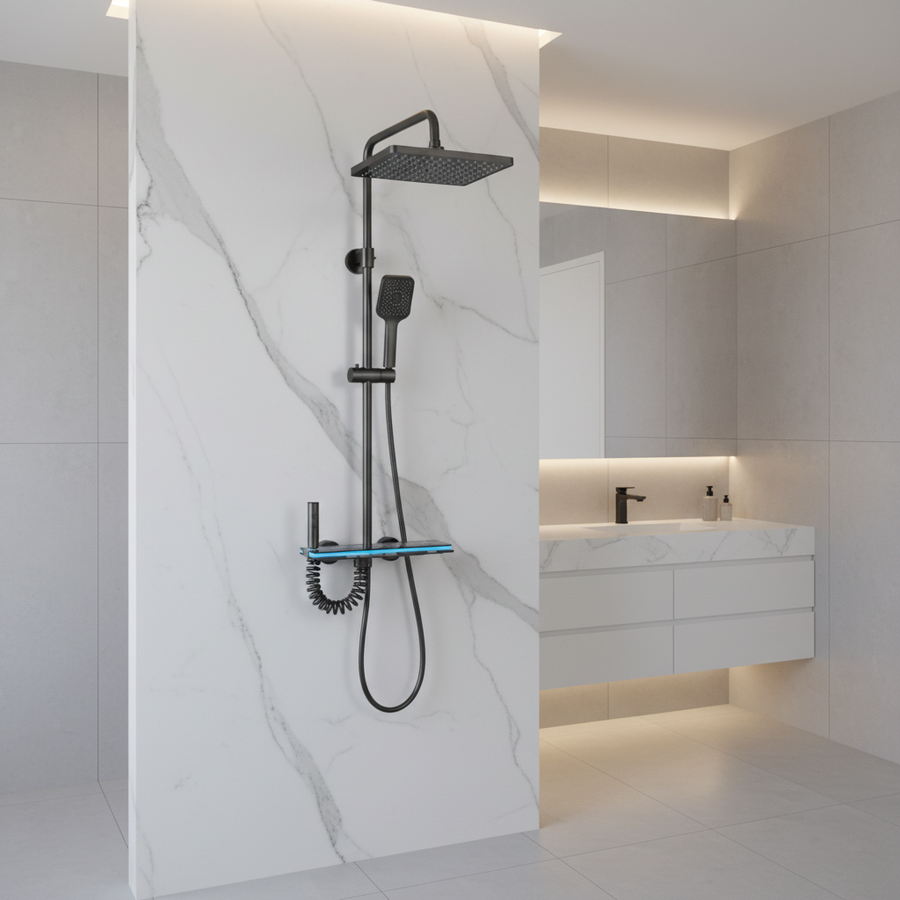 Colonna Doccia MARX II, Metallo, Para Quadrato, Effetto Pioggia, 3 Funzioni, Installazione a Parete, Nero, Accessori Inclusi