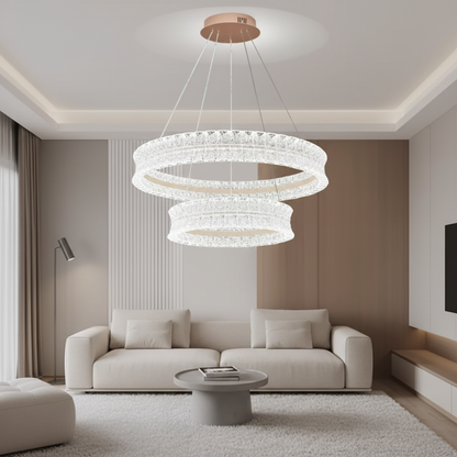 Lampadario LED in cristallo con telecomando, 118W, Luce calda/neutra/fredda, Φ60 cm, Altezza regolabile, Metallo e cristallo, Oro