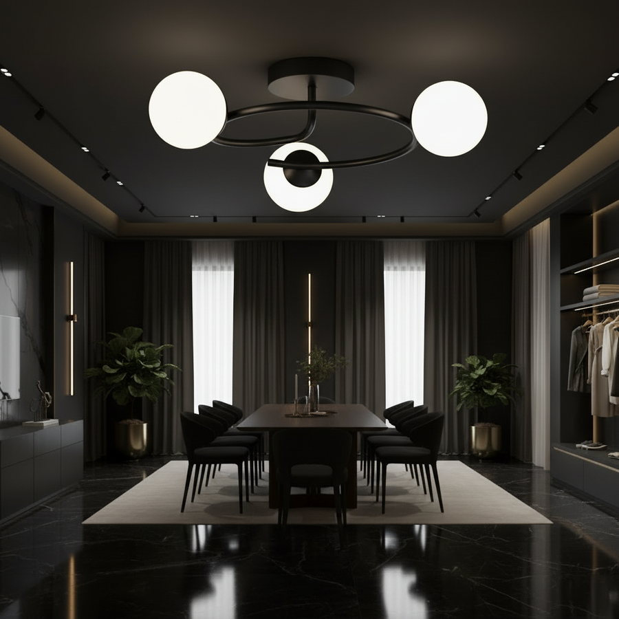 Lampadario a LED e cristallo ORBIT, 66cm, 3xE27, Globi, Nero