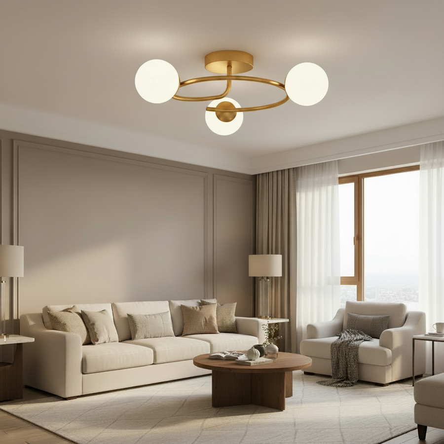 Lampadario LED e cristallo ORBIT, 66cm, 3xE27, Globi, Oro