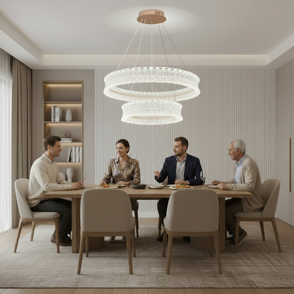 Lampadario LED in cristallo con telecomando, 118W, Luce calda/neutra/fredda, Φ60 cm, Altezza regolabile, Metallo e cristallo, Oro
