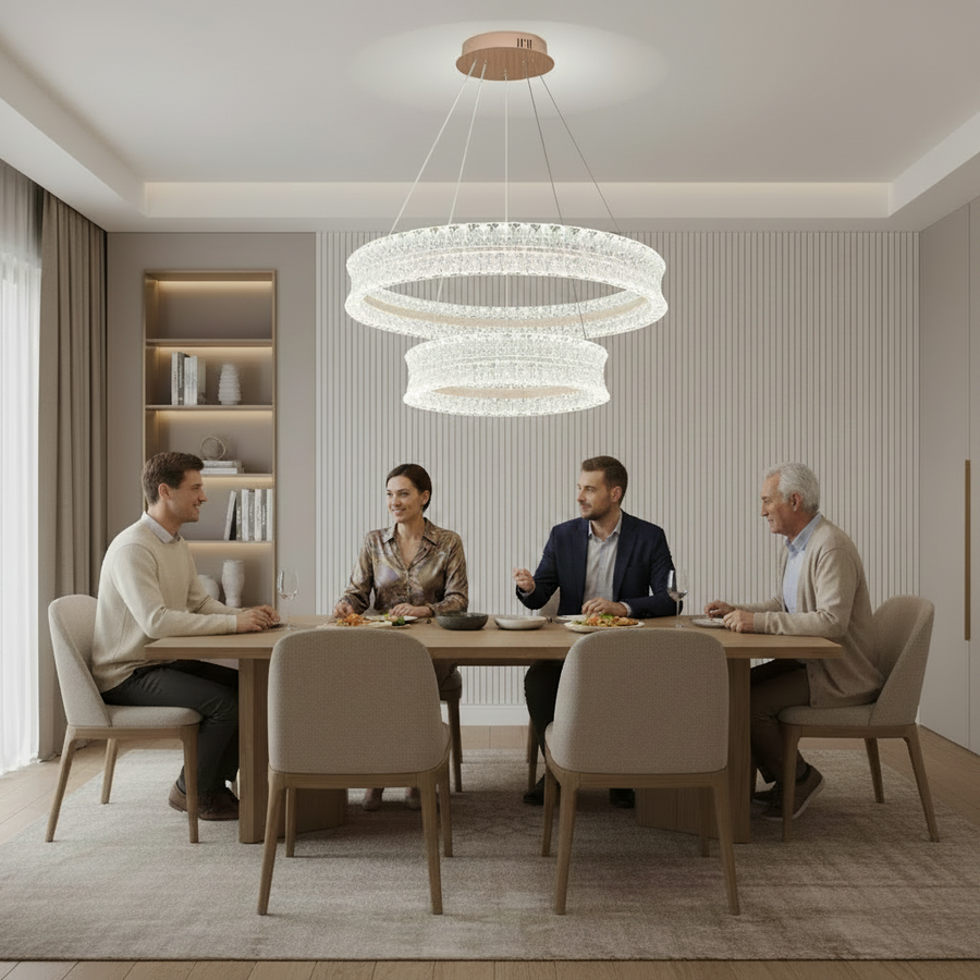 Lampadario LED in cristallo con telecomando, 118W, Luce calda/neutra/fredda, Φ60 cm, Altezza regolabile, Metallo e cristallo, Oro