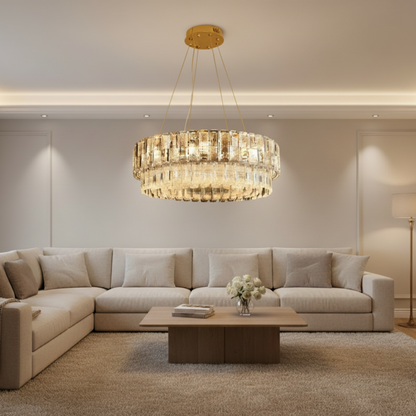Lampadario in Cristallo ELYSIAN Eleganza 7xE14, D50 cm, Oro, Altezza Regolabile, Metallo e Cristallo
