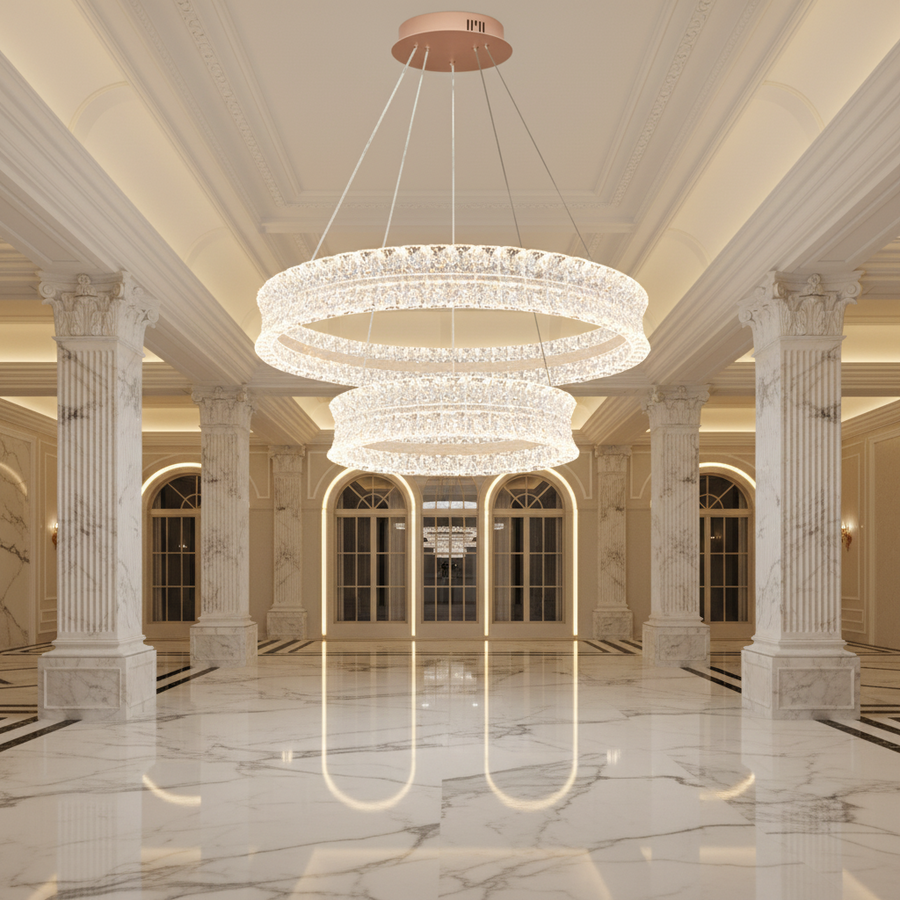 Lampadario LED in cristallo con telecomando, 118W, Luce calda/neutra/fredda, Φ60 cm, Altezza regolabile, Metallo e cristallo, Oro