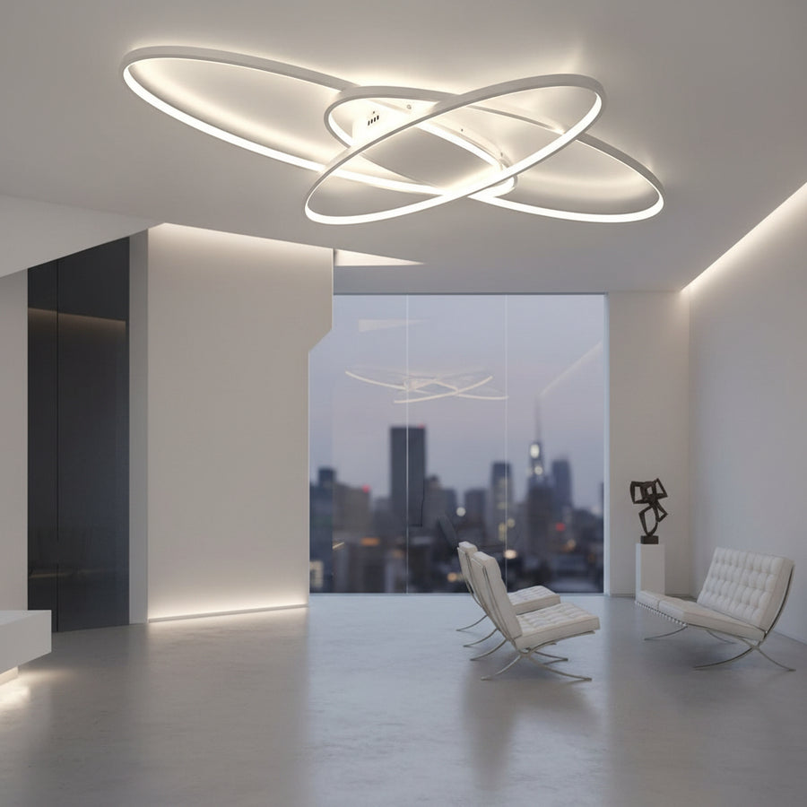Lampadario LED con telecomando COSMEE 84W, 3 Petali, Luce Fredda/Calda/Neutra, Dimmerabile, Bianco, Metallo e Acrilico