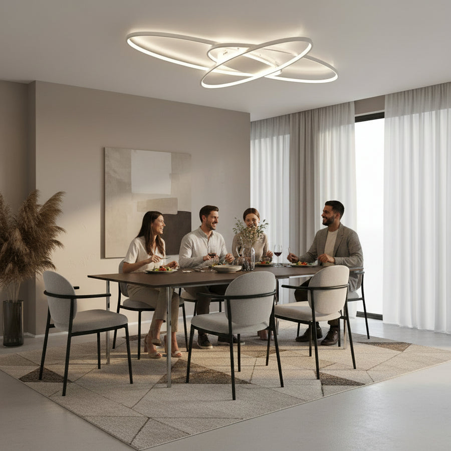 Lampadario LED con telecomando COSMEE 84W, 3 Petali, Luce Fredda/Calda/Neutra, Dimmerabile, Bianco, Metallo e Acrilico