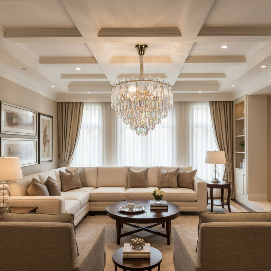 Lampadario Cristallo VELVET Eleganza, 9xE14, D50 cm, Oro, Altezza Regolabile, Metallo e Cristallo