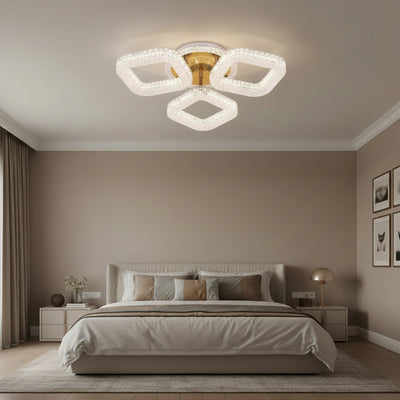 RENATO Nobile Lampadario LED con telecomando e cristallo, 39W, 3 Quadrati, Luce Fredda/Calda/Neutra, Dimmerabile, Oro