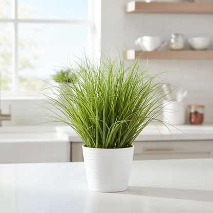 Pianta artificiale a cespuglio di erba di cipolla con foglie curve, 38 cm, verde, senza vaso