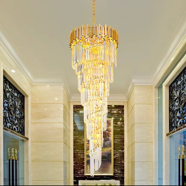 Lampadario in Cristallo CC110/600x1800GD, 28xE14, Diametro 60cm, Altezza 180cm, Oro Lucido, Altezza Regolabile, Design Elegante Lampadari in Cristallo Titolo predefinito Alessandro Design