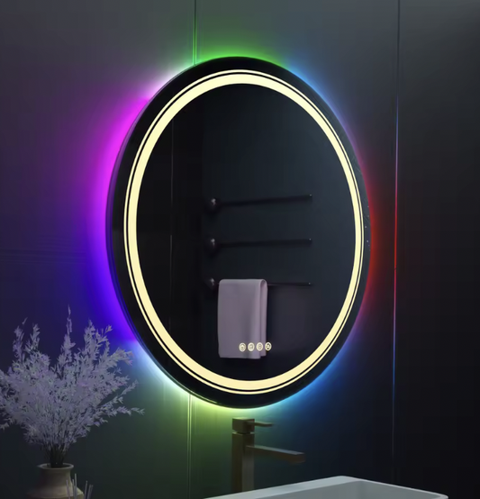 Specchio LED Rotondo, 60 cm, Celeste MotionGlow Marcello, Luce RGB, Altoparlante Bluetooth, Sistema Antiappannamento, Orologio e Termometro, Dimmerabile 60X60BTRGB Marcello Specchi Titolo predefinito Alessandro Design