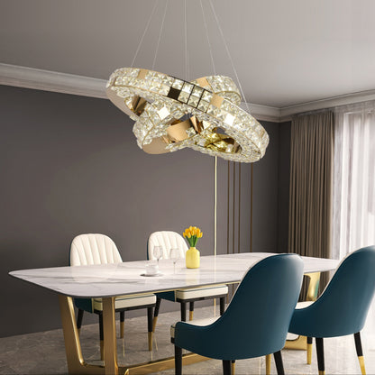 Lampadario LED con Telecomando, LLC135/2GD, Cristallo e Metallo, 54W, 2 Cerchi, Dimmerabile, Regolabile in Altezza, Luce Fredda/Calda/Neutra 3000K/4000K/6000K, Illuminazione di Lusso Lampadari LED con Telecomando Titolo predefinito Alessandro Design