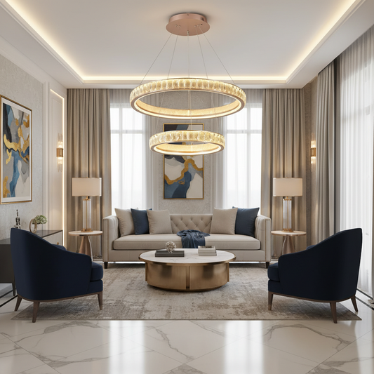 Lampadario in Cristallo, KENSINGTON Magno, 111W, Oro, 2 elementi, Altezza Regolabile, Luce Calda/Fredda/Neutra Lampadari LED con Telecomando Titolo predefinito Alessandro Design