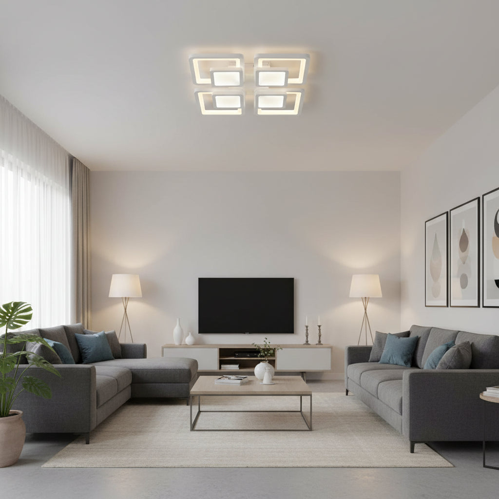 Lampadario a LED con telecomando SUSAN 96W, 4 Quadrati, Luce Fredda/Calda/Neutra, Dimmerabile, Lampadario a LED Bianco con telecomando Titolo predefinito Alessandro Design