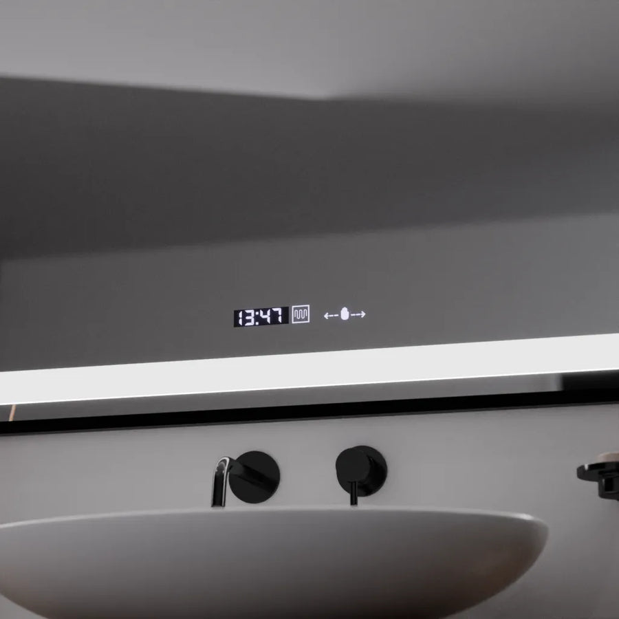 Specchio rettangolare a LED, 100x65 cm, Verite Majeste Noir Motion Glow Marcello, sistema antiappannamento, orologio e termometro, specchi dimmerabili Marcello Titolo predefinito Alessandro Design