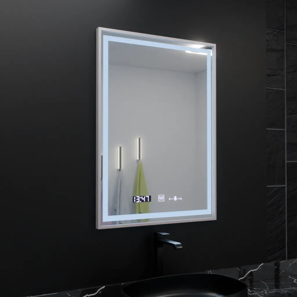 Specchio rettangolare a LED, 60x80 cm, Verite Imperial Silver Motion Glow Marcello, sistema antiappannamento, orologio e termometro, specchi dimmerabili Marcello Titolo predefinito Alessandro Design