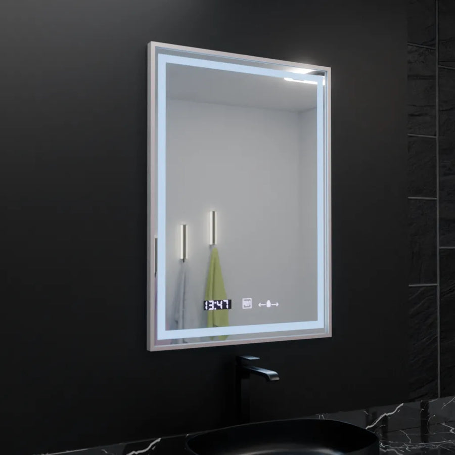 Specchio rettangolare a LED, 60x80 cm, Verite Imperial Silver Motion Glow Marcello, sistema antiappannamento, orologio e termometro, specchi dimmerabili Marcello Titolo predefinito Alessandro Design