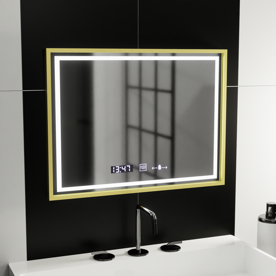 Specchio rettangolare a LED, 80x60 cm, Verite Royale Gold MotionGlow Marcello, sistema antiappannamento, orologio e termometro, specchi dimmerabili Marcello Titolo predefinito Alessandro Design