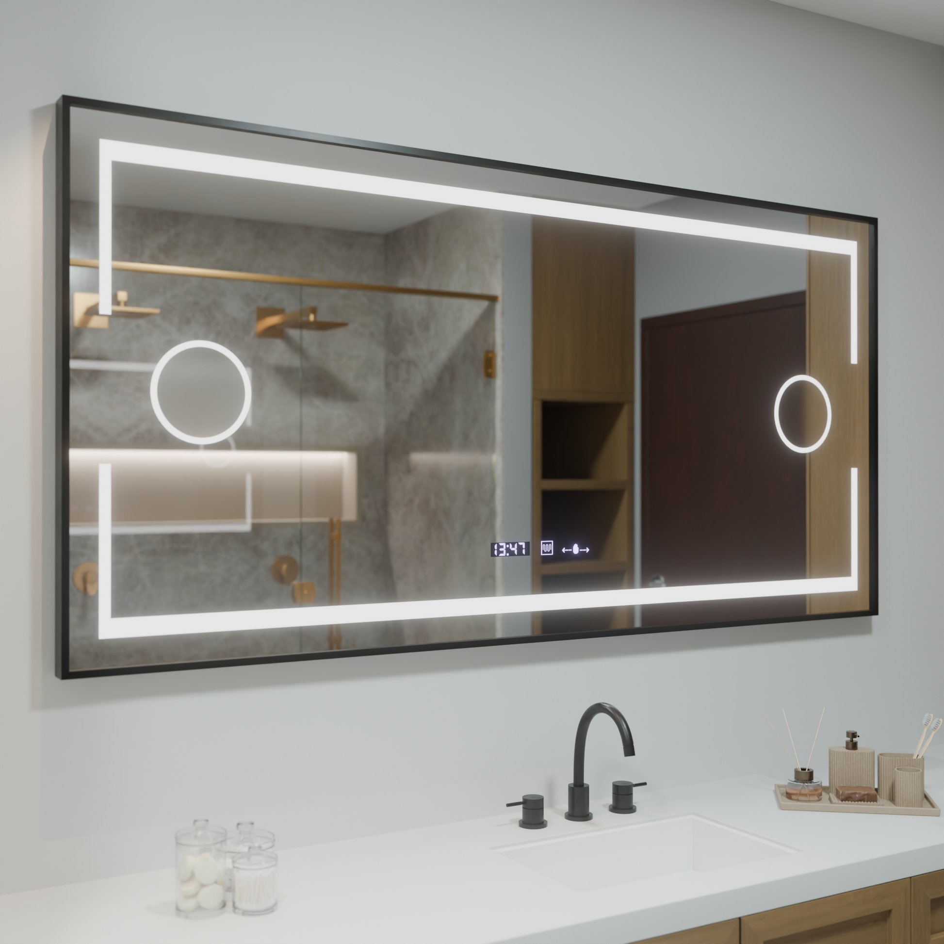 Specchio rettangolare a LED, 160x80 cm, sensore Marcello MotionGlow, sistema antiappannamento, orologio e termometro, lente d'ingrandimento cosmetica, specchi Marcello dimmerabili Titolo predefinito Alessandro Design