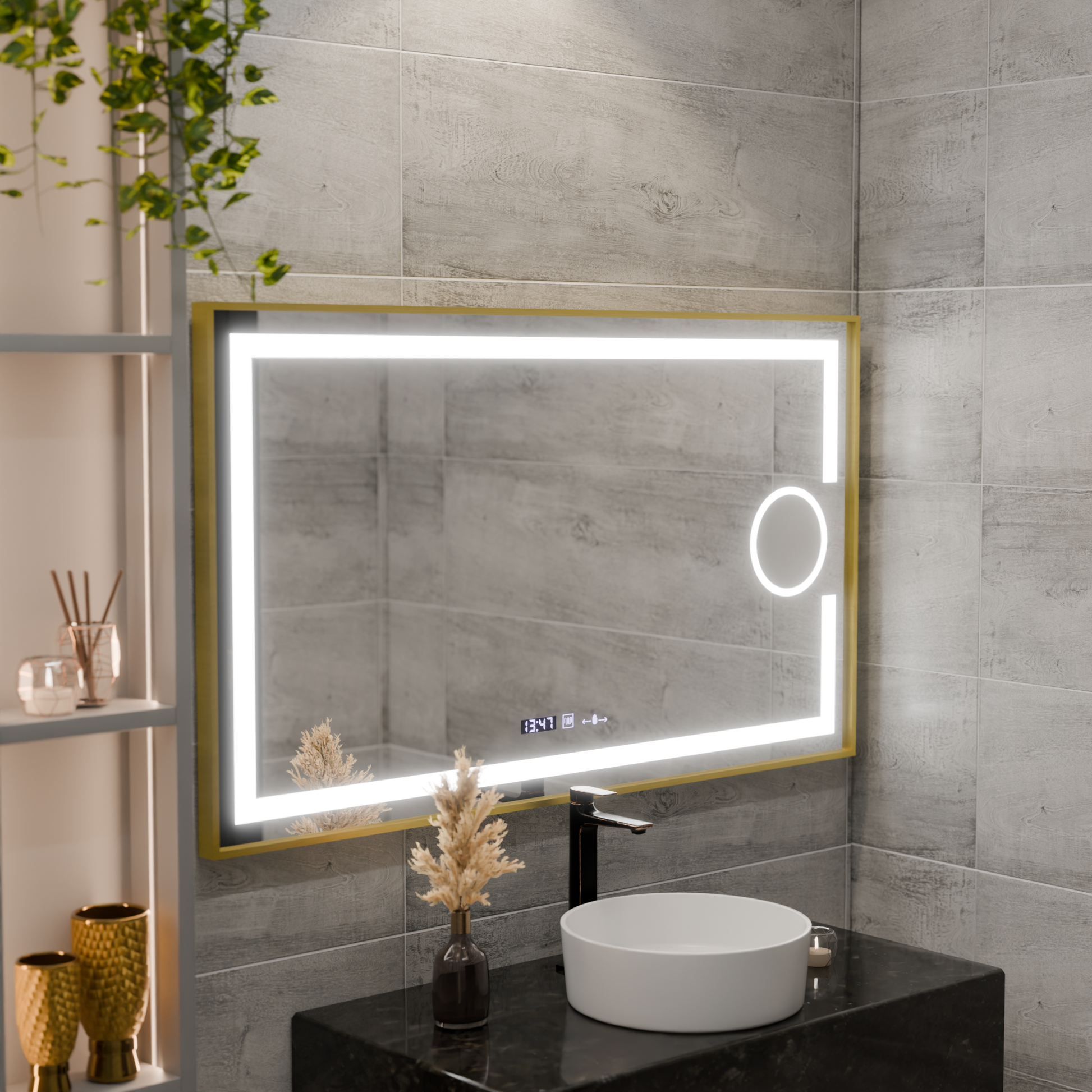 Specchio rettangolare a LED, 120x80 cm, Eclat MotionGlow Marcello, sistema antiappannante, orologio e termometro, lente d'ingrandimento cosmetica, dimmerabile, cornice oro spazzolato Marcello Mirrors Titolo predefinito Alessandro Design