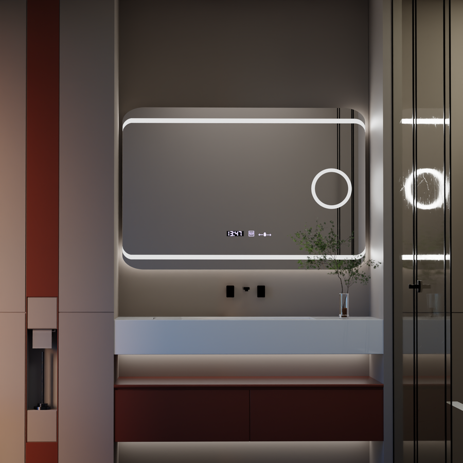 Specchio rettangolare a LED, 120x80 cm, definizione MotionGlow Marcello, sistema antiappannamento, orologio e termometro, lente d'ingrandimento cosmetica, specchi Marcello dimmerabili Titolo predefinito Alessandro Design