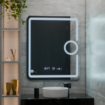 Specchio rettangolare a LED, 60x80 cm, Eclat MotionGlow Marcello, orologio e termometro, sistema antiappannamento, lente d'ingrandimento cosmetica, dimmerabile