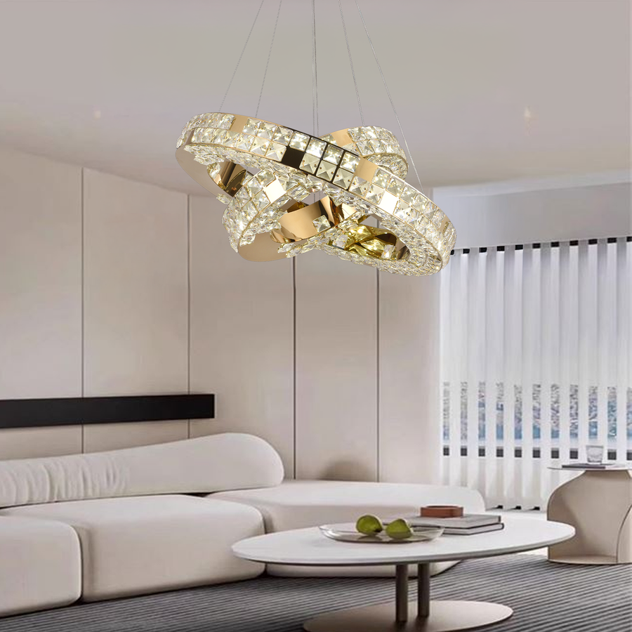 Lampadario LED con Telecomando, LLC135/2GD, Cristallo e Metallo, 54W, 2 Cerchi, Dimmerabile, Regolabile in Altezza, Luce Fredda/Calda/Neutra 3000K/4000K/6000K, Illuminazione di Lusso Lampadari LED con Telecomando Titolo predefinito Alessandro Design