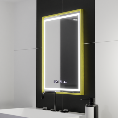 Specchio rettangolare a LED, 50x70 cm, Verite Royale Gold Motion Glow Marcello, sistema antiappannamento, orologio e termometro, dimmerabile