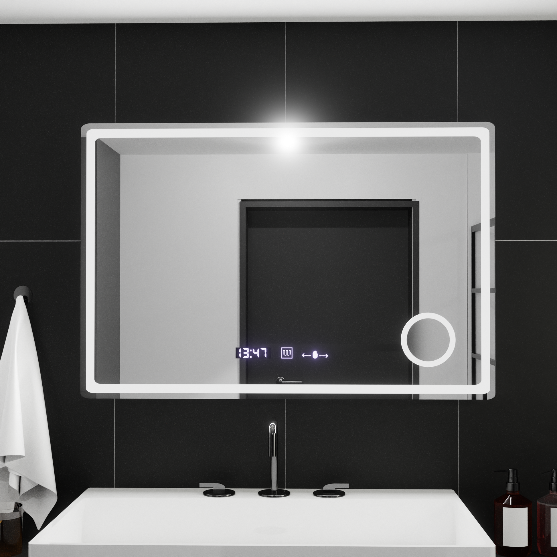 Specchio rettangolare a LED, 90x60 cm, Velour MotionGlow Marcello, sistema antiappannamento, orologio e termometro, lente d'ingrandimento cosmetica, specchi dimmerabili Marcello Titolo predefinito Alessandro Design