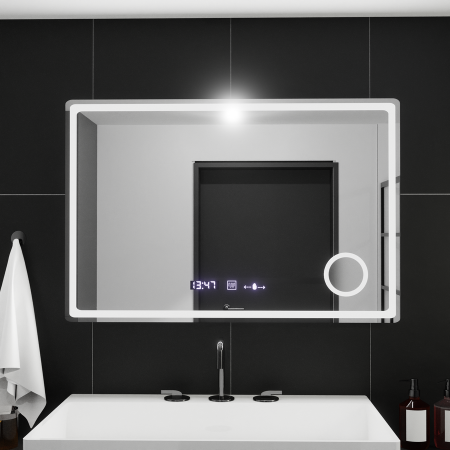Specchio rettangolare a LED, 90x60 cm, Velour MotionGlow Marcello, sistema antiappannamento, orologio e termometro, lente d'ingrandimento cosmetica, specchi dimmerabili Marcello Titolo predefinito Alessandro Design
