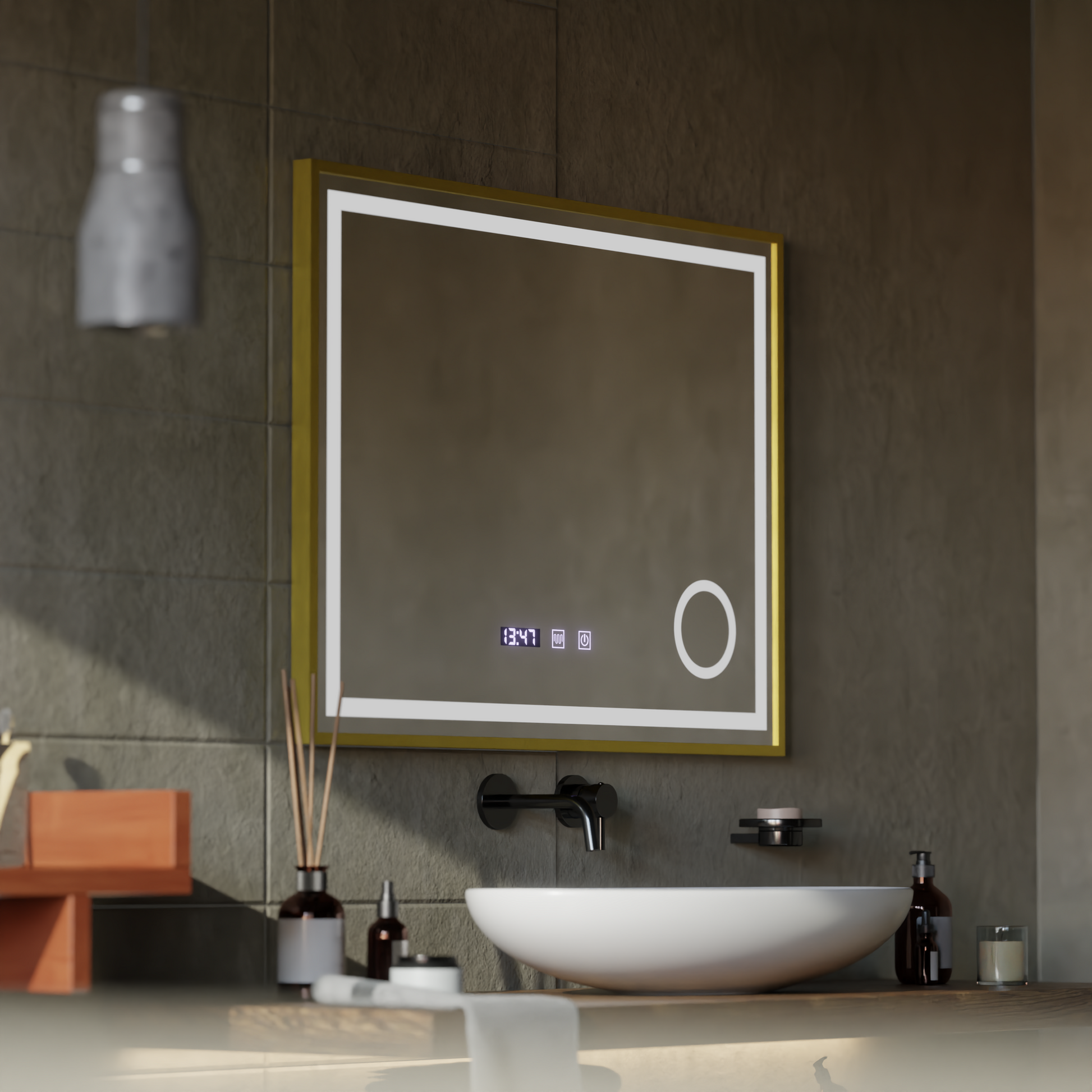 LED Touch CLARUS Specchio con sistema antiappannante, orologio e temperatura 80x60 cm Cornice dorata Specchi ingranditori cosmetici spazzolati Korman S Titolo predefinito Alessandro Design