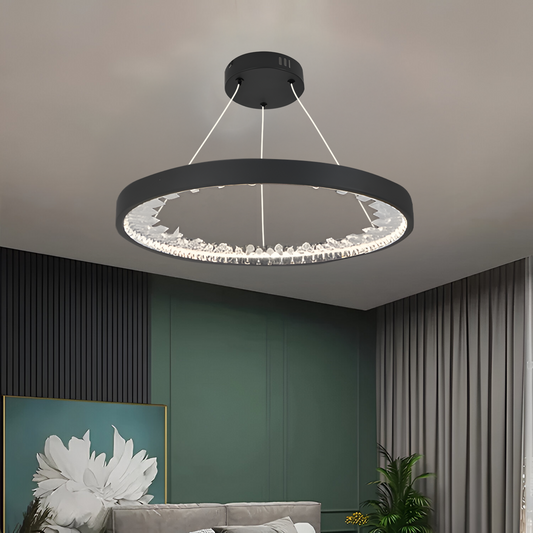 Lampadario LED a Sospensione con telecomando, Cristalli K9, 28W, 1 Cerchio, Luce Fredda/Calda/Neutra, Dimmerabile, Nero, Altezza Regolabile Lampadari Moderni Titolo predefinito Alessandro Design