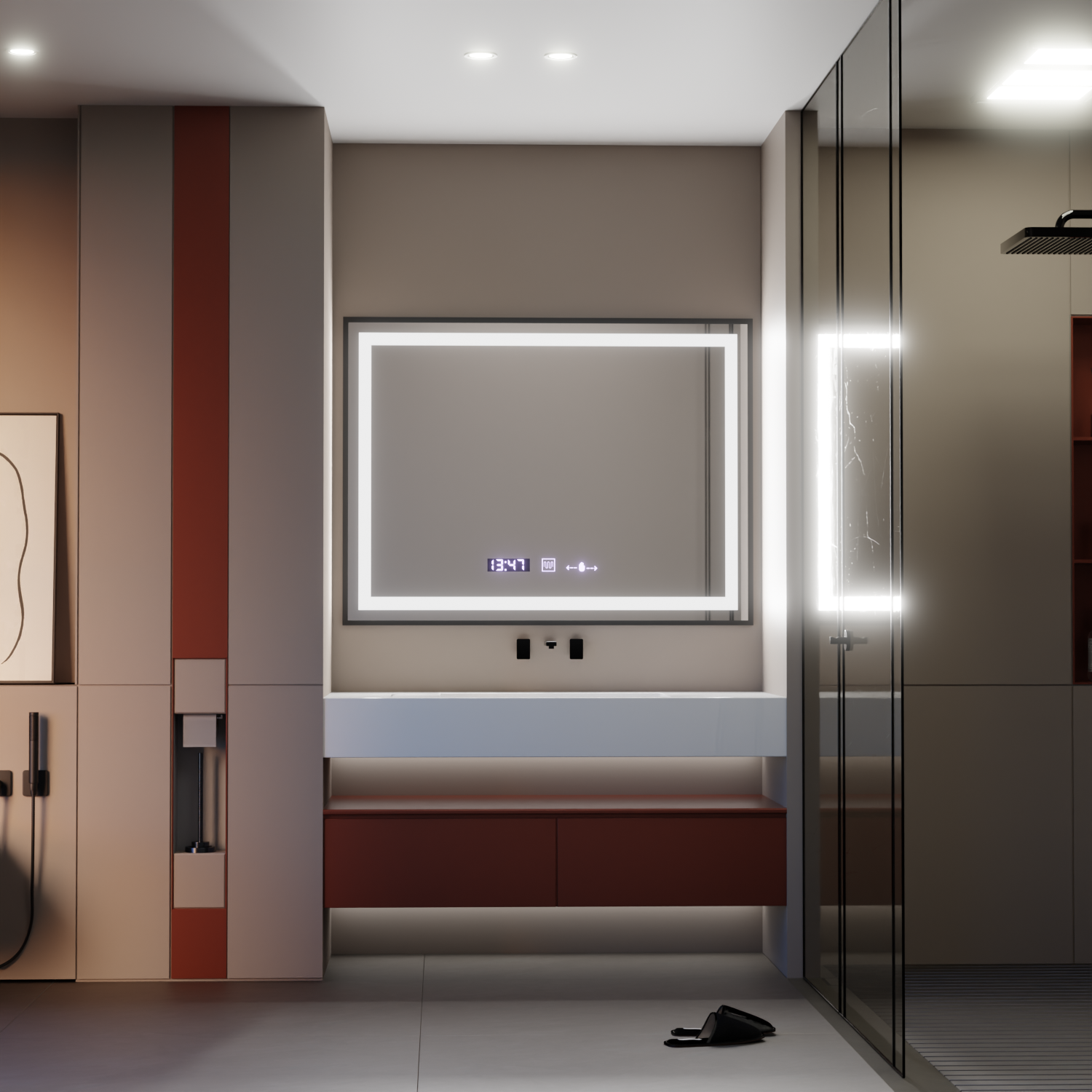 Specchio rettangolare a LED, 80x60 cm, Verite Majeste Noir Motion Glow Marcello, sistema antiappannamento, orologio e termometro, specchi dimmerabili Marcello Titolo predefinito Alessandro Design