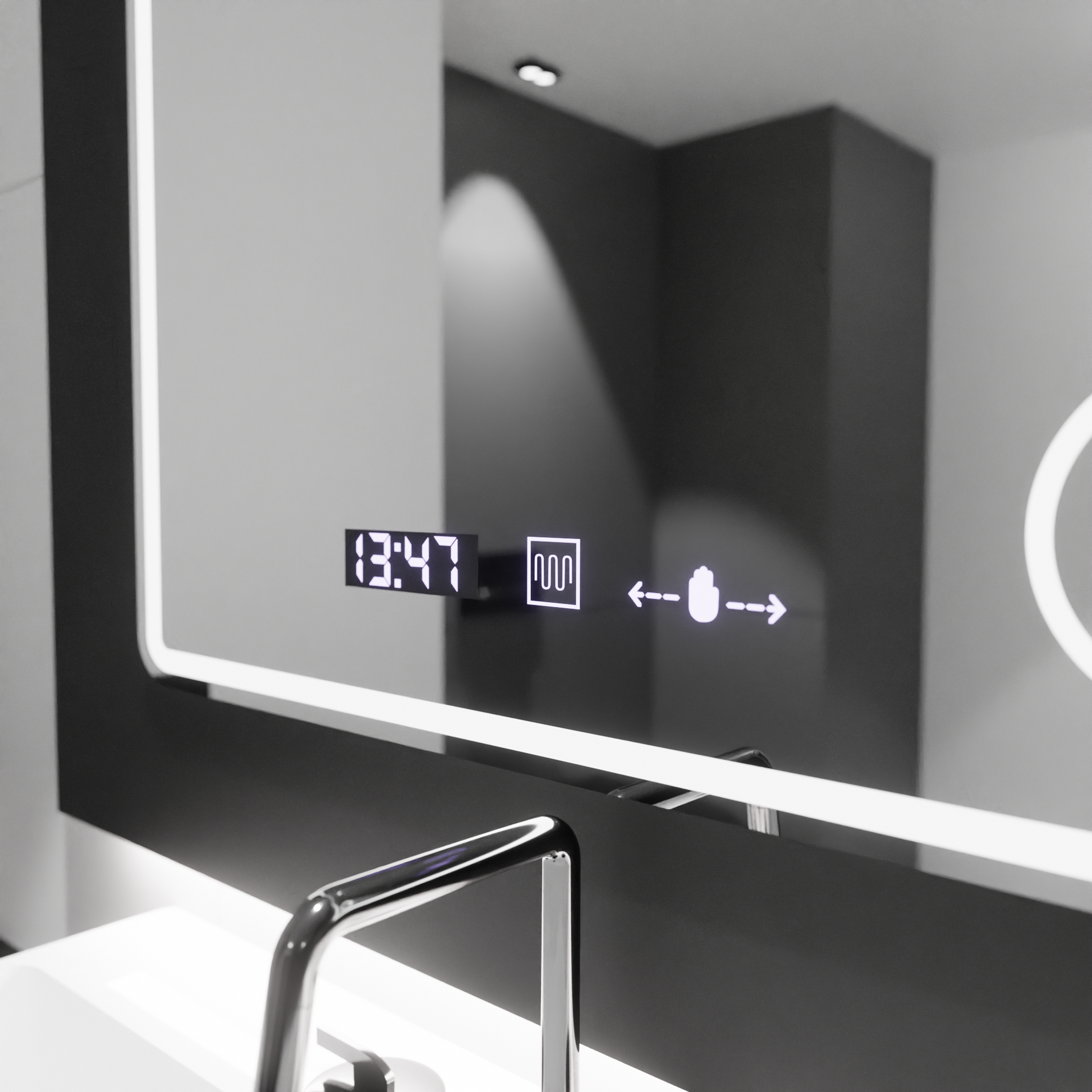 Specchio rettangolare a LED, 80x60 cm, Riflesso MotionGlow Marcello, sistema antiappannamento, orologio e termometro, lente d'ingrandimento cosmetica, Specchi Marcello dimmerabili Titolo predefinito Alessandro Design