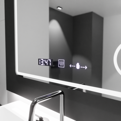 Specchio rettangolare a LED, 80x60 cm, Riflesso MotionGlow Marcello, sistema antiappannamento, orologio e termometro, lente d'ingrandimento cosmetica, Specchi Marcello dimmerabili Titolo predefinito Alessandro Design